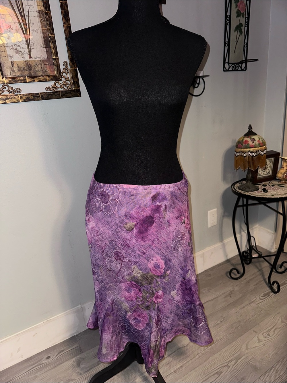 Vintage Karin Stevens Petites Purple Pink Floral Chiffon Midi Skirt, Size 10P, L